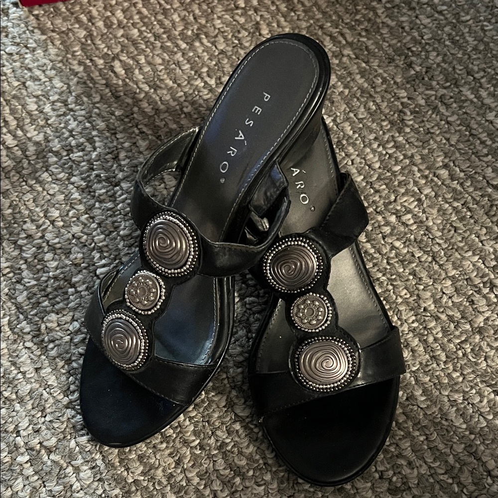 Pesaro Black Leather Slide Mules with Silver Medallion Details